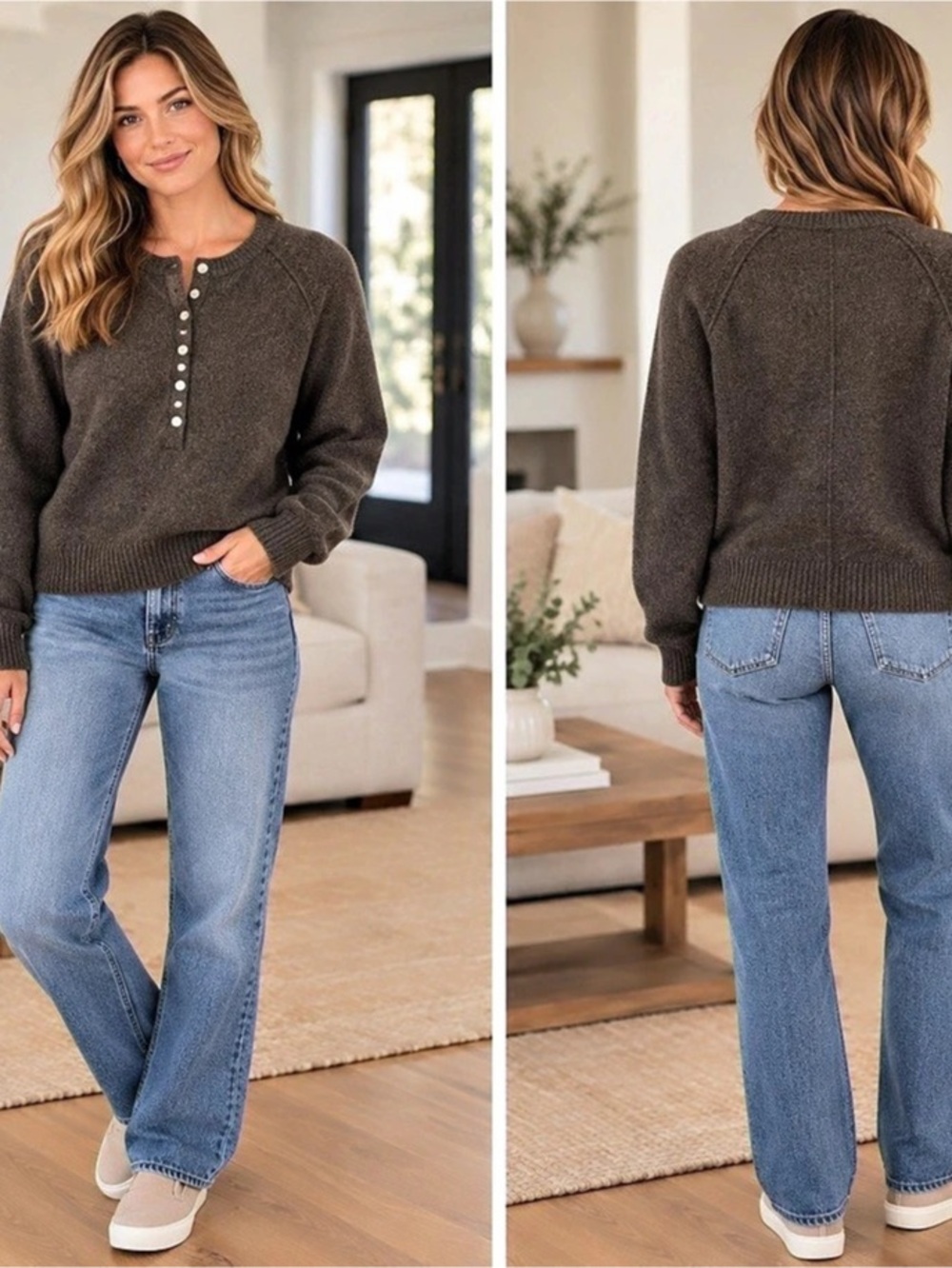 NWT RD Style Brown Henley Sweater Raglan Sleeve Size S